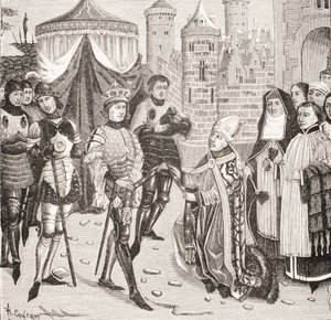 Saint Rémy, évêque de Reims, implore le roi Clovis (465-511) de rendre un vase sacré volé par les Francs lors du pillage de Soissons, d